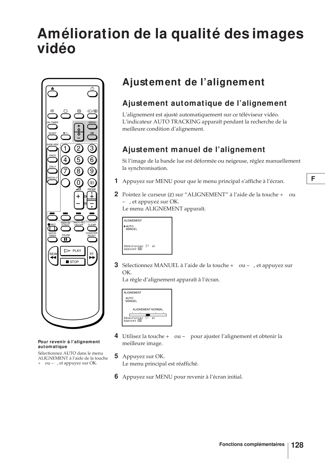 Sony KV-V2110D Amélioration de la qualité des images vidéo, Ajustement de l’alignement, Ajustement manuel de l’alignement 