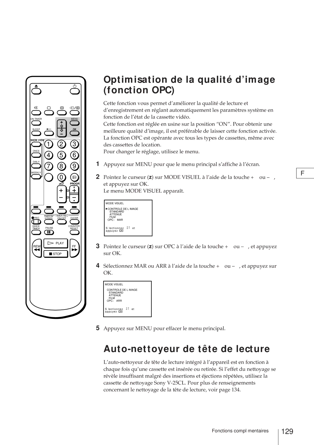 Sony KV-21V4D, KV-V2110D Optimisation de la qualité d’image fonction OPC, Auto-nettoyeur de tête de lecture, 129 