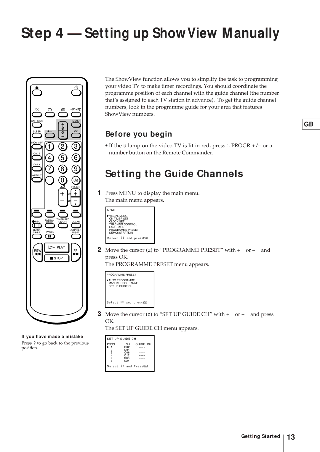 Sony KV-21V4D, KV-V2110D operating instructions Setting up ShowView Manually, Setting the Guide Channels 