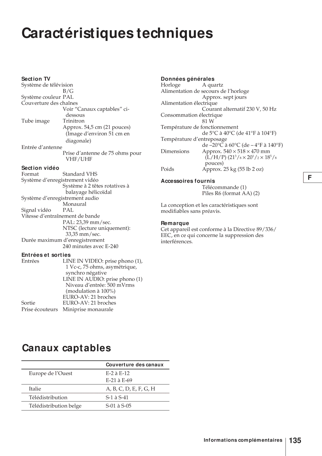 Sony KV-21V4D, KV-V2110D operating instructions Caractéristiques techniques, Canaux captables, 135 