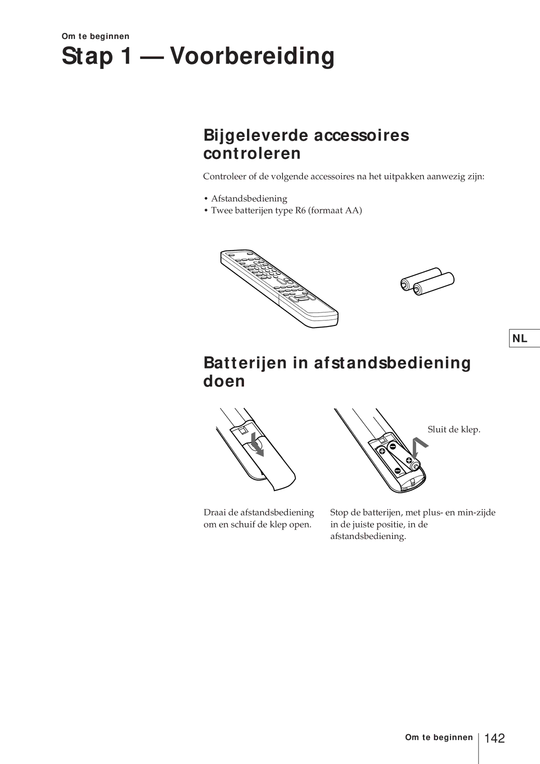 Sony KV-V2110D Stap 1 Voorbereiding, Bijgeleverde accessoires controleren, Batterijen in afstandsbediening doen, 142 