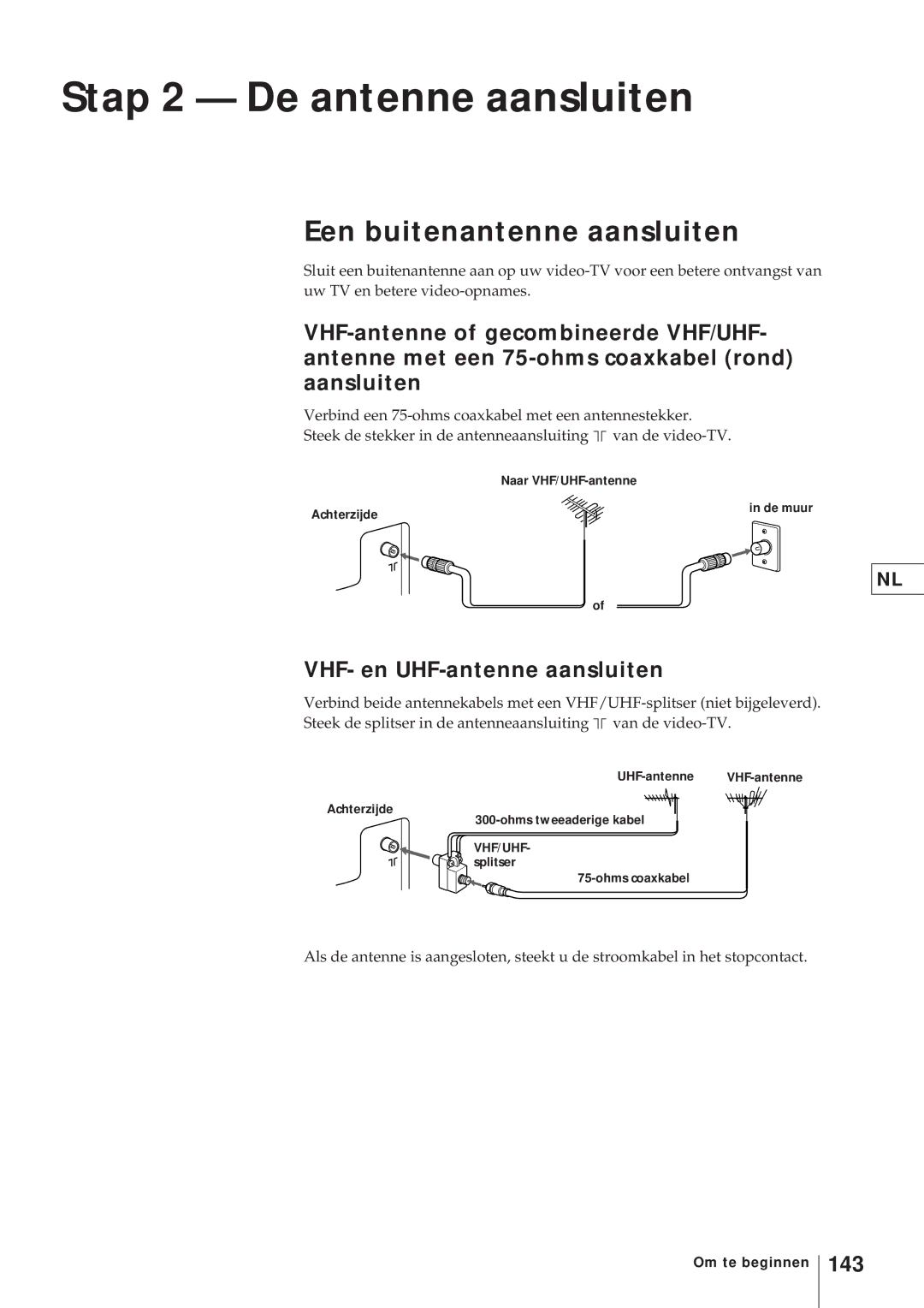 Sony KV-21V4D, KV-V2110D Stap 2 De antenne aansluiten, Een buitenantenne aansluiten, VHF- en UHF-antenne aansluiten, 143 