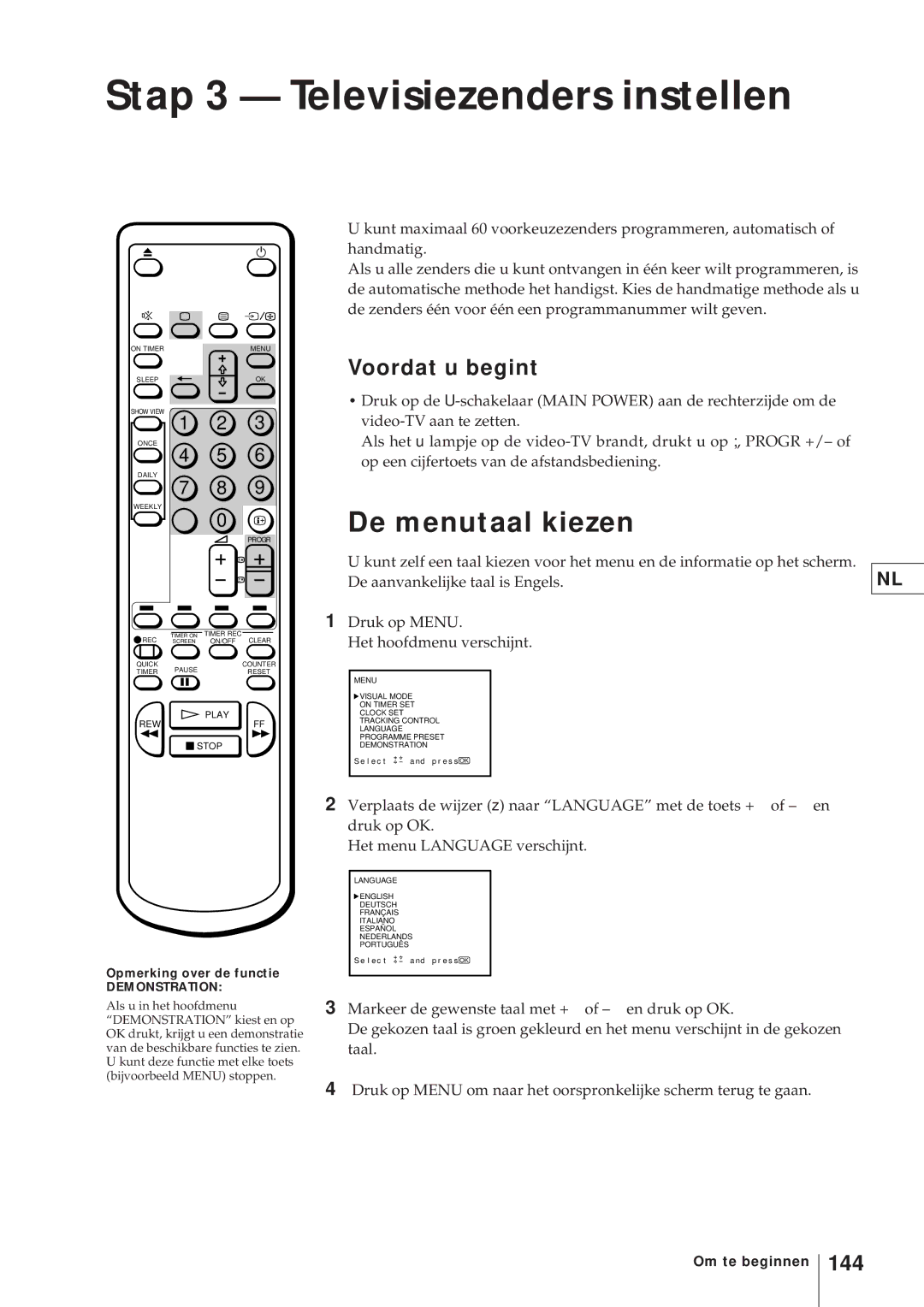 Sony KV-V2110D Stap 3 Televisiezenders instellen, De menutaal kiezen, Voordat u begint, 144, Opmerking over de functie 