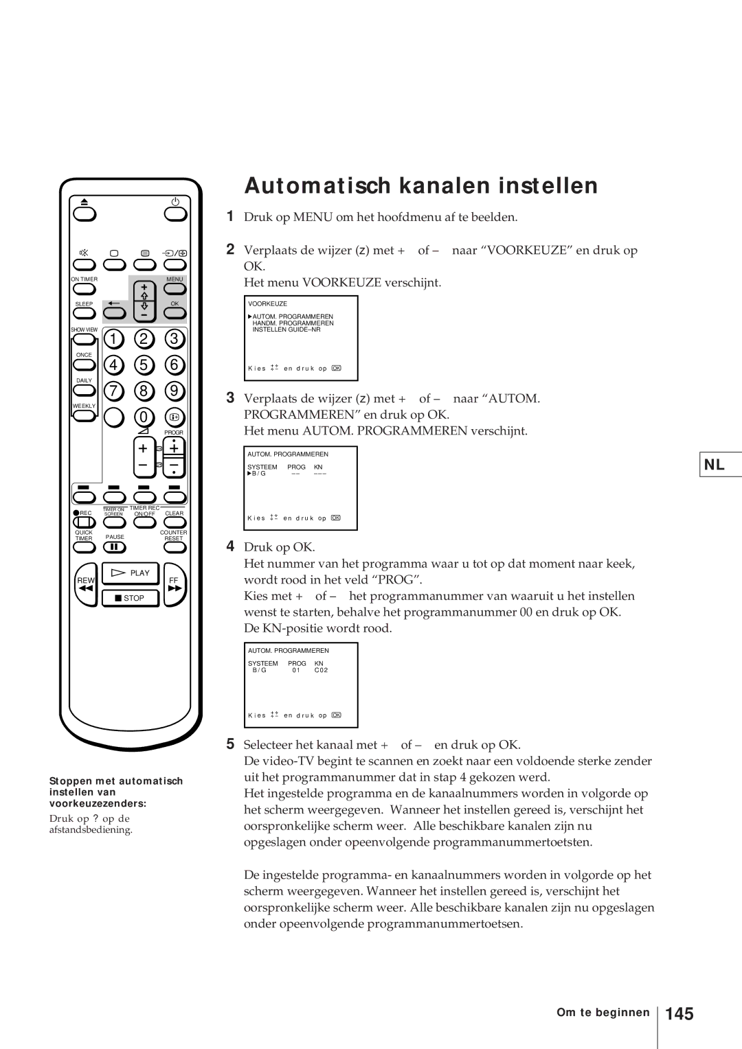 Sony KV-21V4D, KV-V2110D Automatisch kanalen instellen, 145, Stoppen met automatisch instellen van voorkeuzezenders 