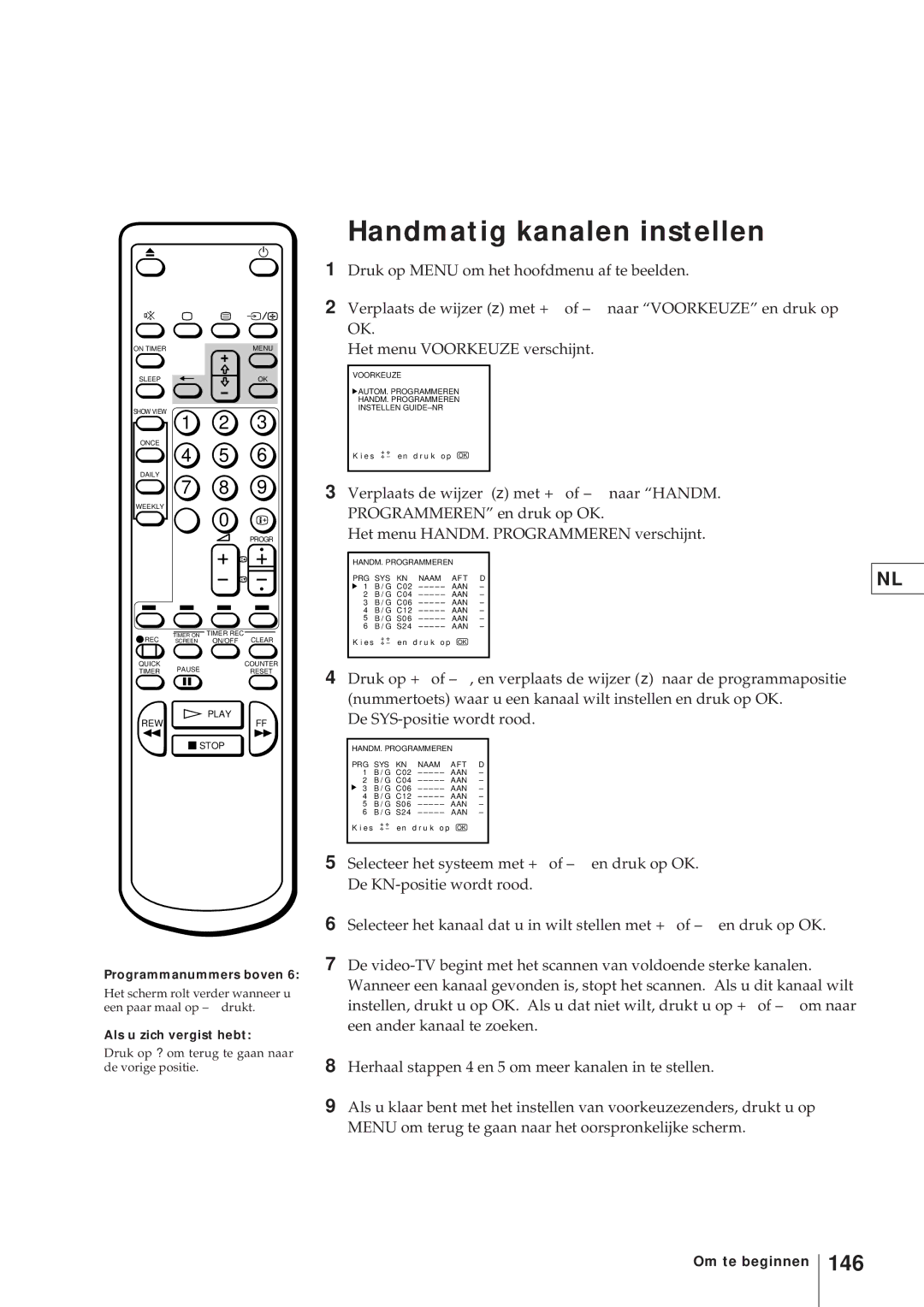 Sony KV-V2110D, KV-21V4D Handmatig kanalen instellen, 146, Programmanummers boven, Als u zich vergist hebt 