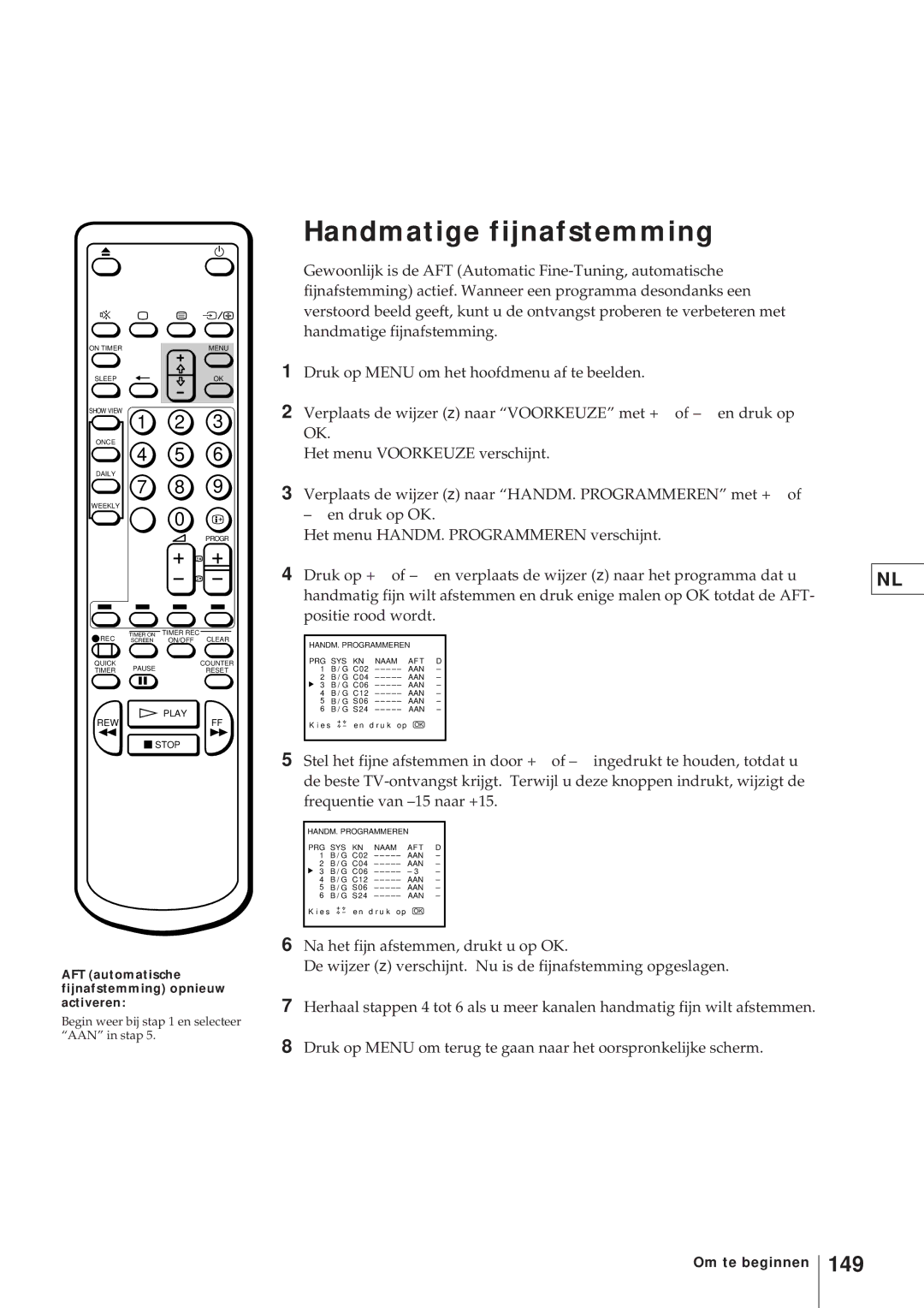 Sony KV-21V4D, KV-V2110D operating instructions AFT automatische fijnafstemming opnieuw activeren 