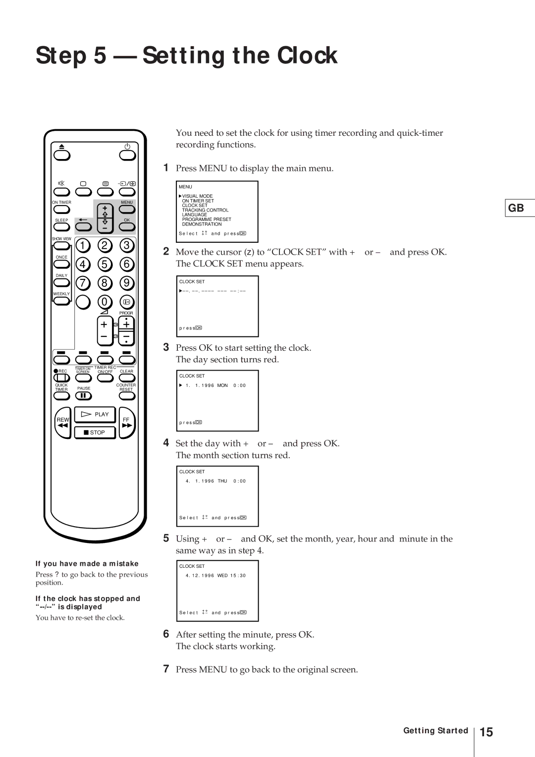 Sony KV-21V4D, KV-V2110D operating instructions Setting the Clock, If the clock has stopped and --/-- is displayed 