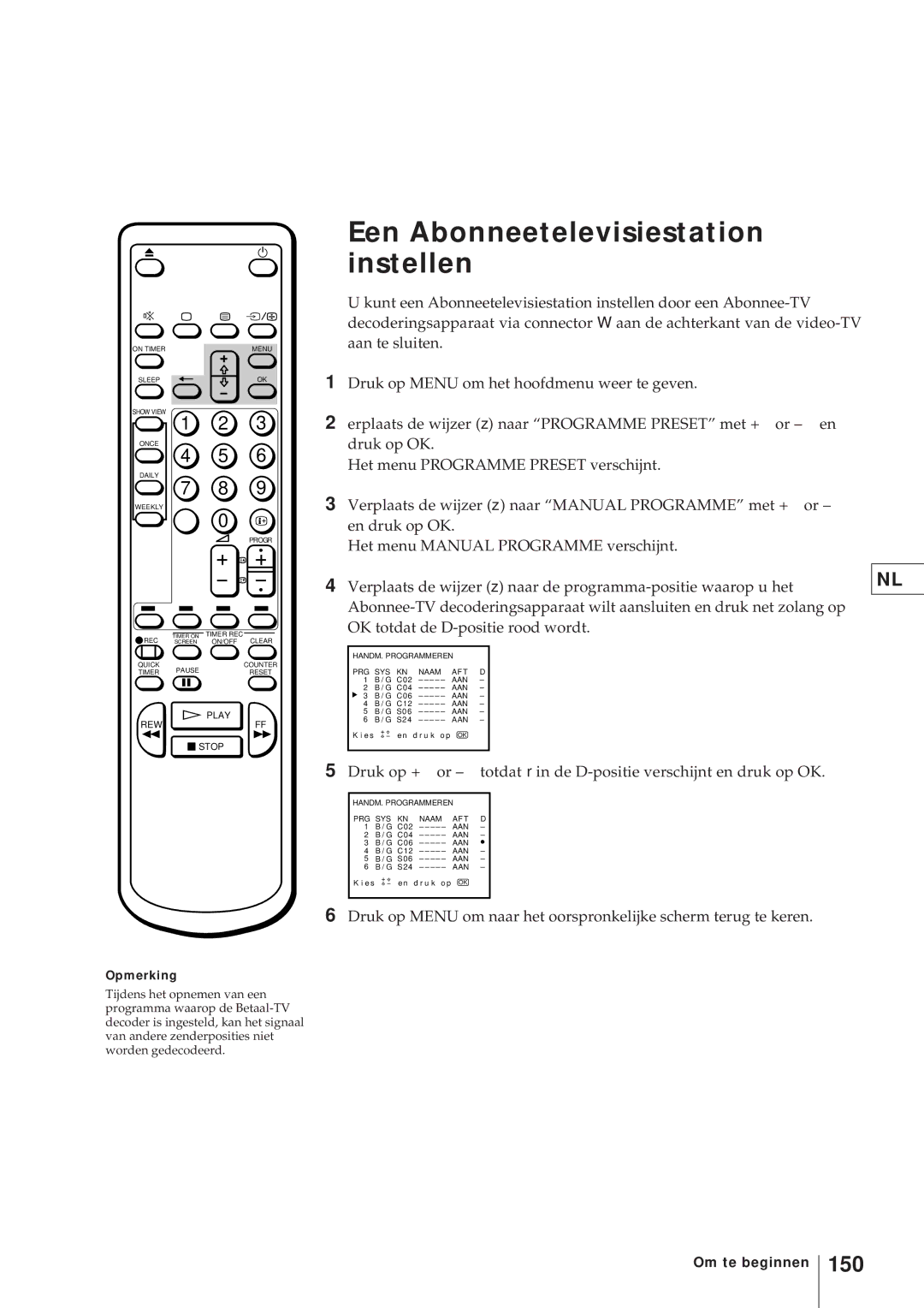 Sony KV-V2110D, KV-21V4D operating instructions Een Abonneetelevisiestation instellen, 150, Opmerking 