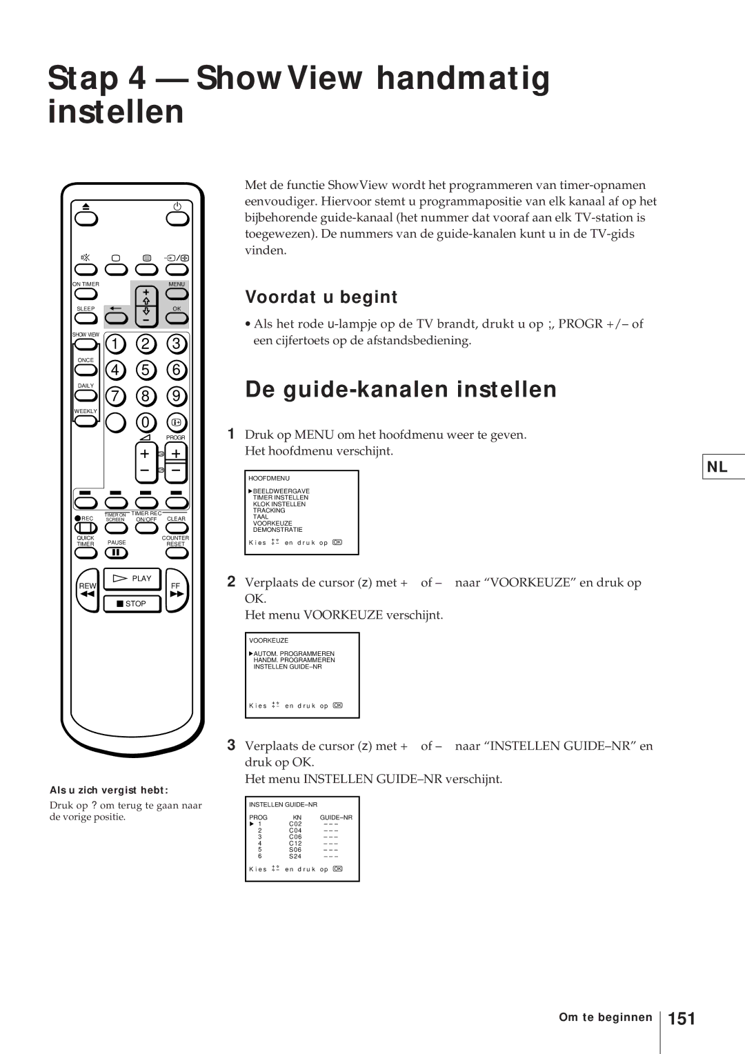 Sony KV-21V4D, KV-V2110D operating instructions Stap 4 ShowView handmatig instellen, De guide-kanalen instellen, 151 