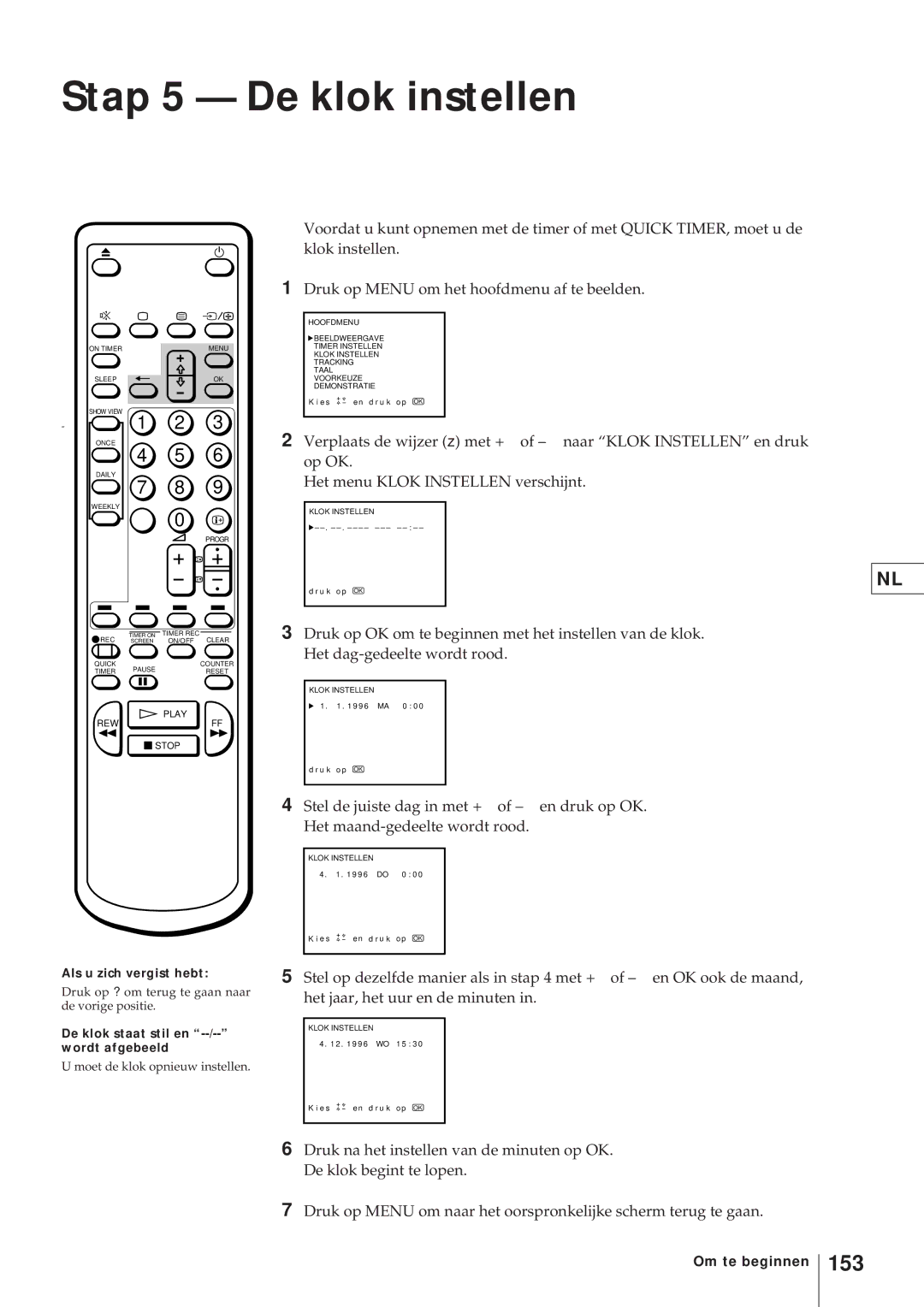 Sony KV-21V4D, KV-V2110D operating instructions Stap 5 De klok instellen, 153, De klok staat stil en --/-- wordt afgebeeld 