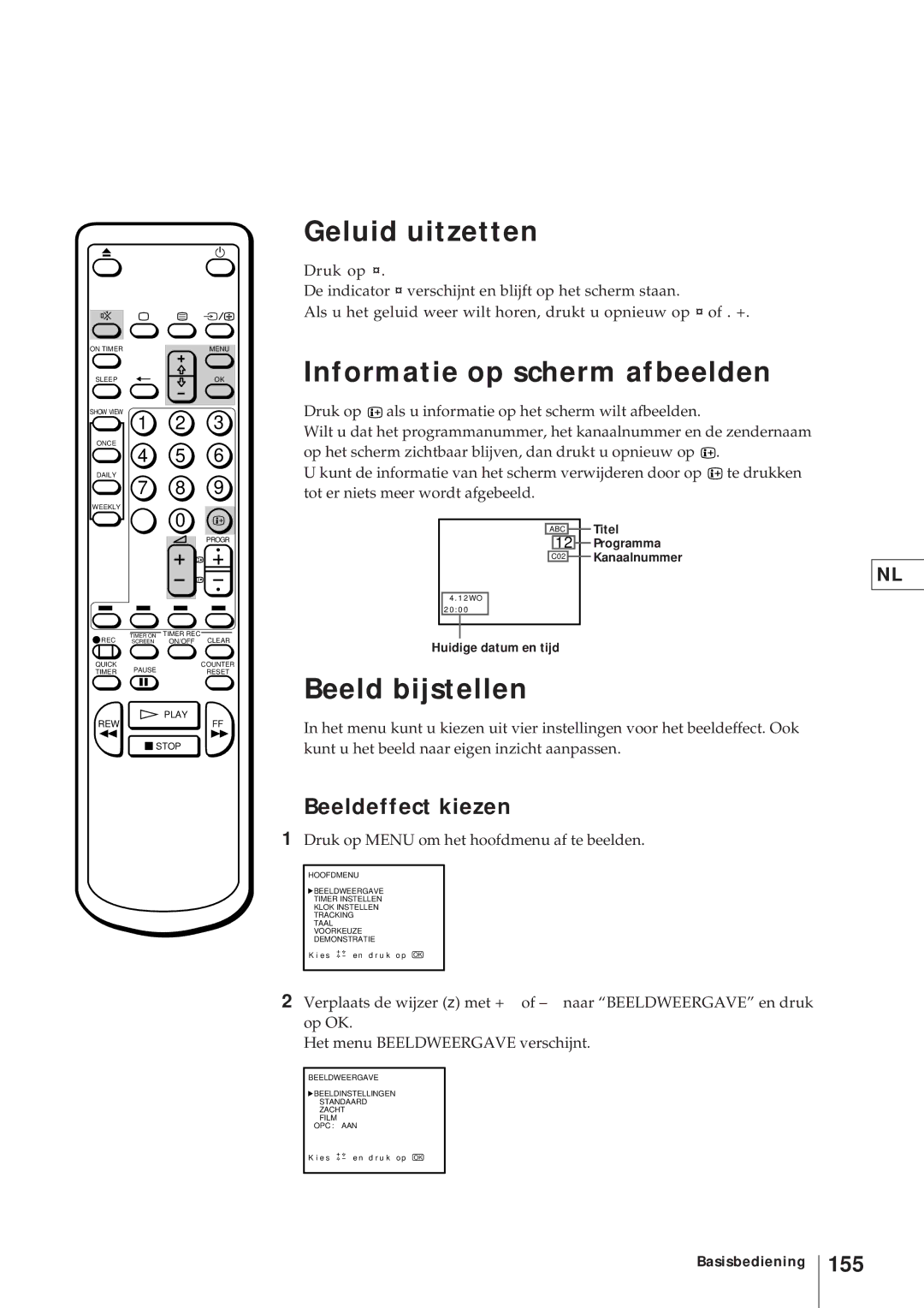 Sony KV-21V4D, KV-V2110D Geluid uitzetten, Informatie op scherm afbeelden, Beeld bijstellen, Beeldeffect kiezen, 155 