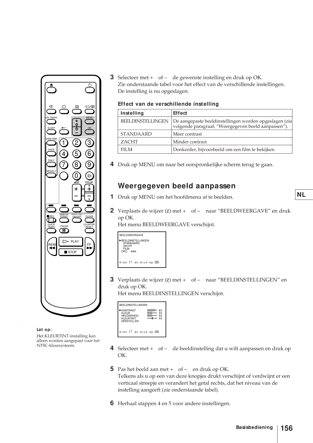 Sony KV-V2110D, KV-21V4D Weergegeven beeld aanpassen, 156, Effect van de verschillende instelling, Let op 