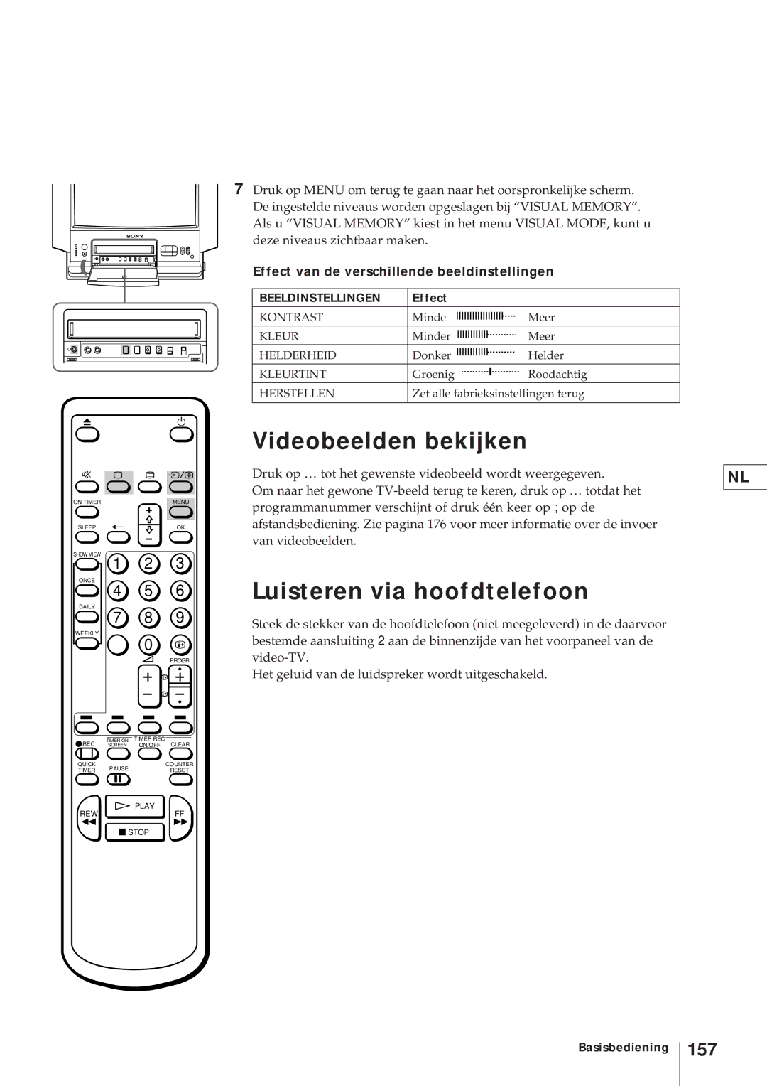 Sony KV-21V4D Videobeelden bekijken, Luisteren via hoofdtelefoon, 157, Effect van de verschillende beeldinstellingen 