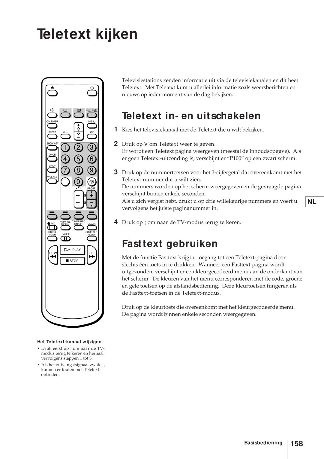 Sony KV-V2110D, KV-21V4D operating instructions Teletext kijken, Fasttext gebruiken, 158, Het Teletext-kanaal wijzigen 