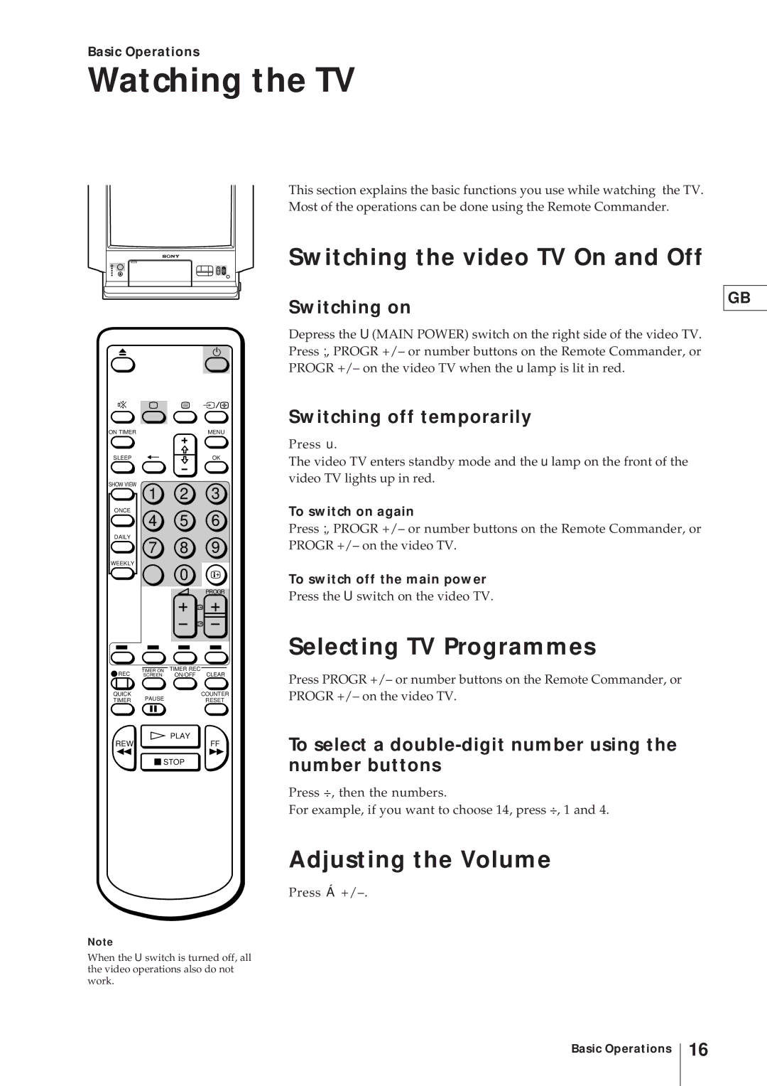 Sony KV-V2110D, KV-21V4D Watching the TV, Switching the video TV On and Off, Selecting TV Programmes, Adjusting the Volume 