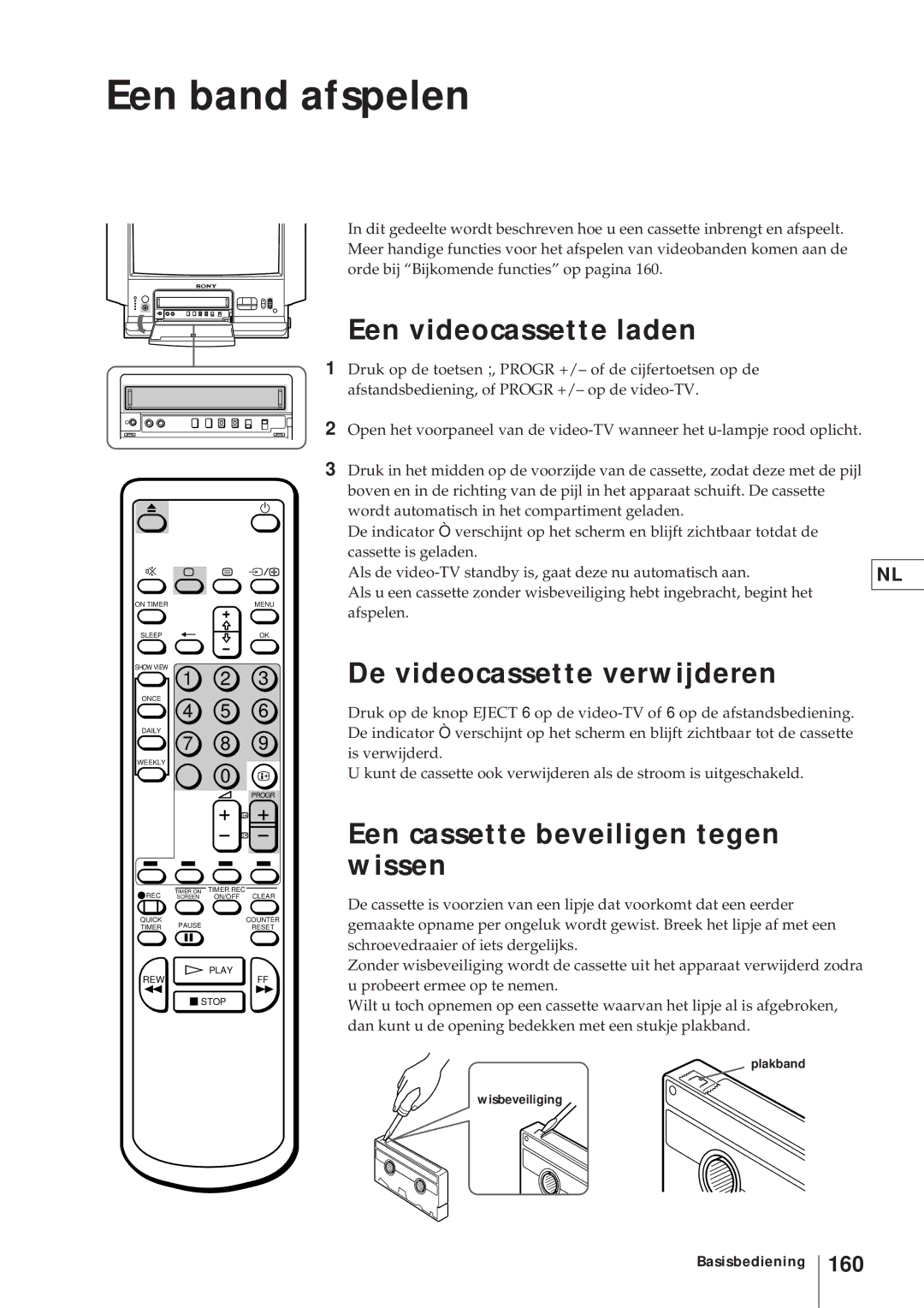 Sony KV-V2110D, KV-21V4D Een band afspelen, Een videocassette laden, De videocassette verwijderen, 160 