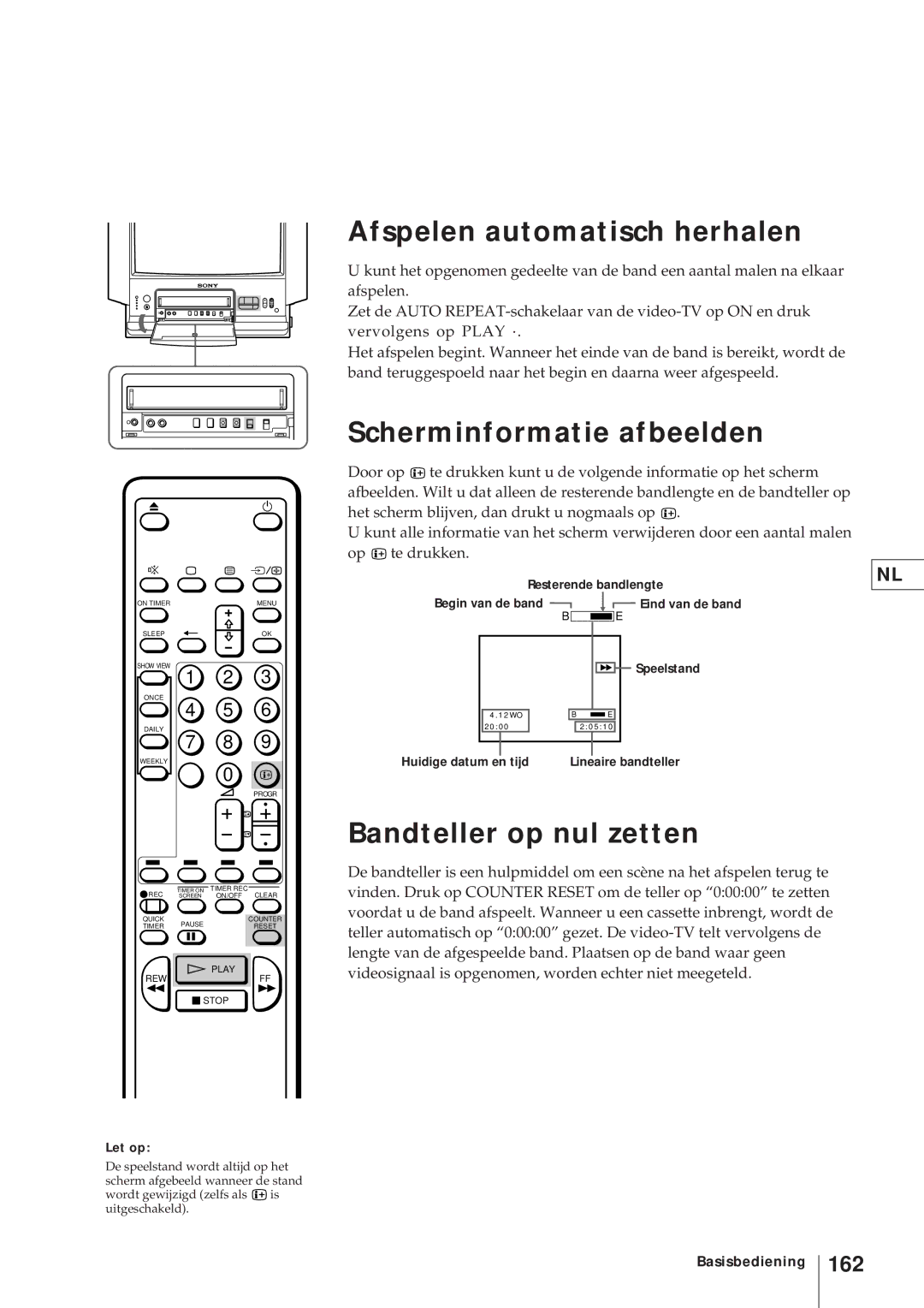 Sony KV-V2110D, KV-21V4D Afspelen automatisch herhalen, Scherminformatie afbeelden, Bandteller op nul zetten, 162 