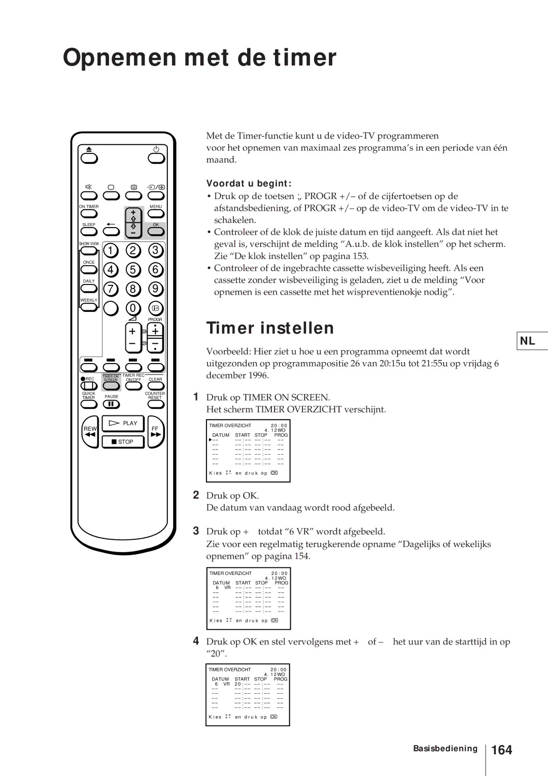 Sony KV-V2110D, KV-21V4D operating instructions Opnemen met de timer, Timer instellen, 164, Voordat u begint 