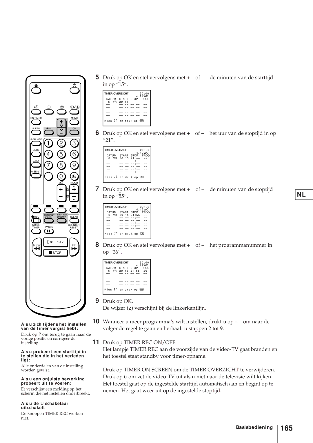 Sony KV-21V4D 165, Als u zich tijdens het instellen van de timer vergist hebt, Als u de U schakelaar uitschakelt 