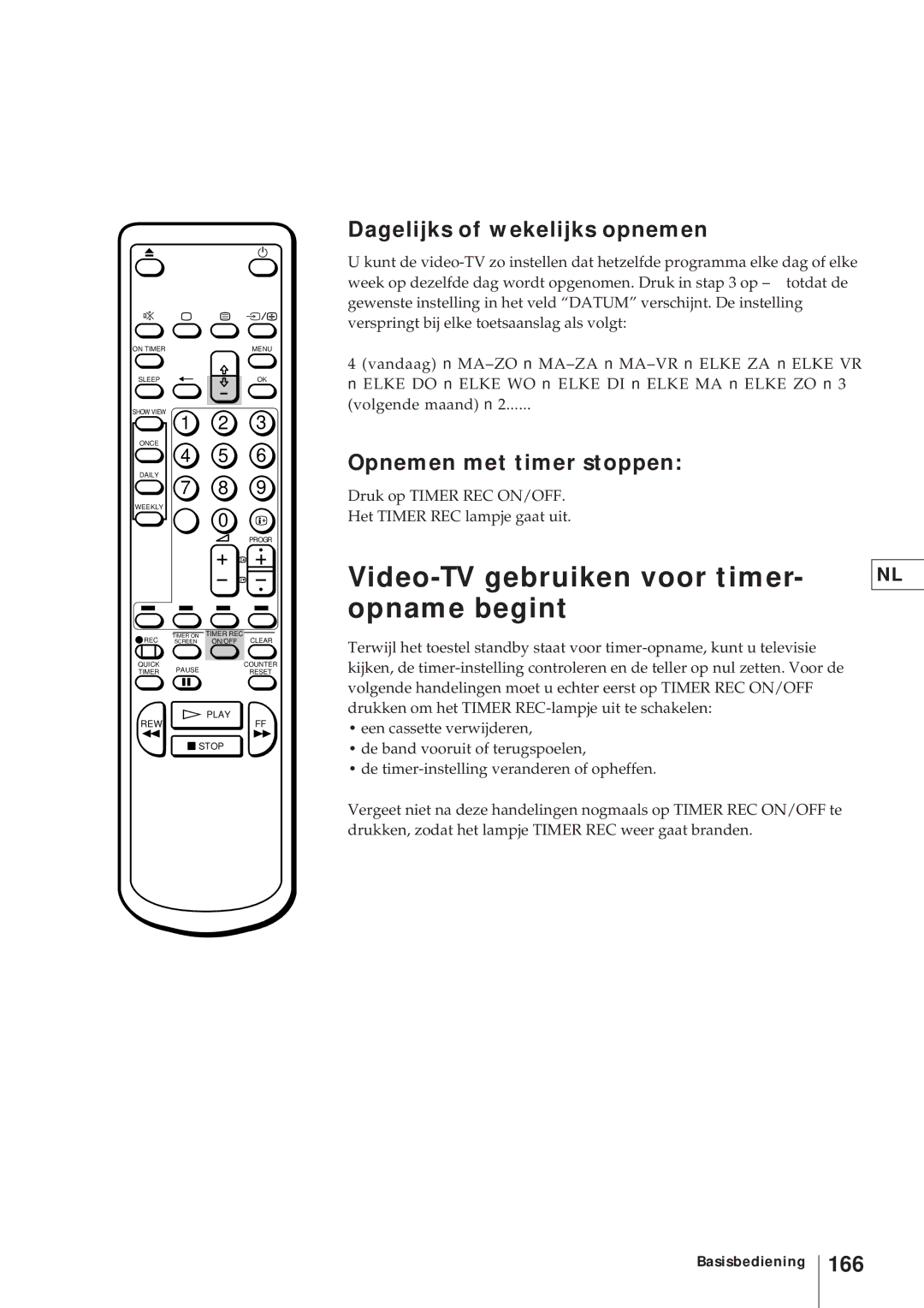 Sony KV-V2110D Video-TV gebruiken voor timer Opname begint, Dagelijks of wekelijks opnemen, Opnemen met timer stoppen, 166 