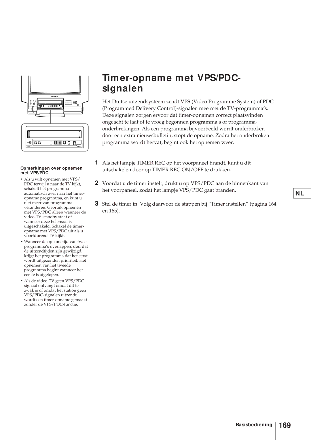 Sony KV-21V4D, KV-V2110D Timer-opname met VPS/PDC- signalen, 169, Opmerkingen over opnemen met VPS/PDC 