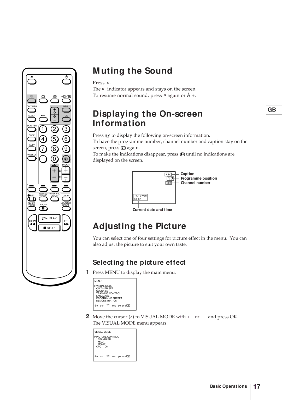 Sony KV-21V4D Muting the Sound, Displaying the On-screen Information, Adjusting the Picture, Selecting the picture effect 