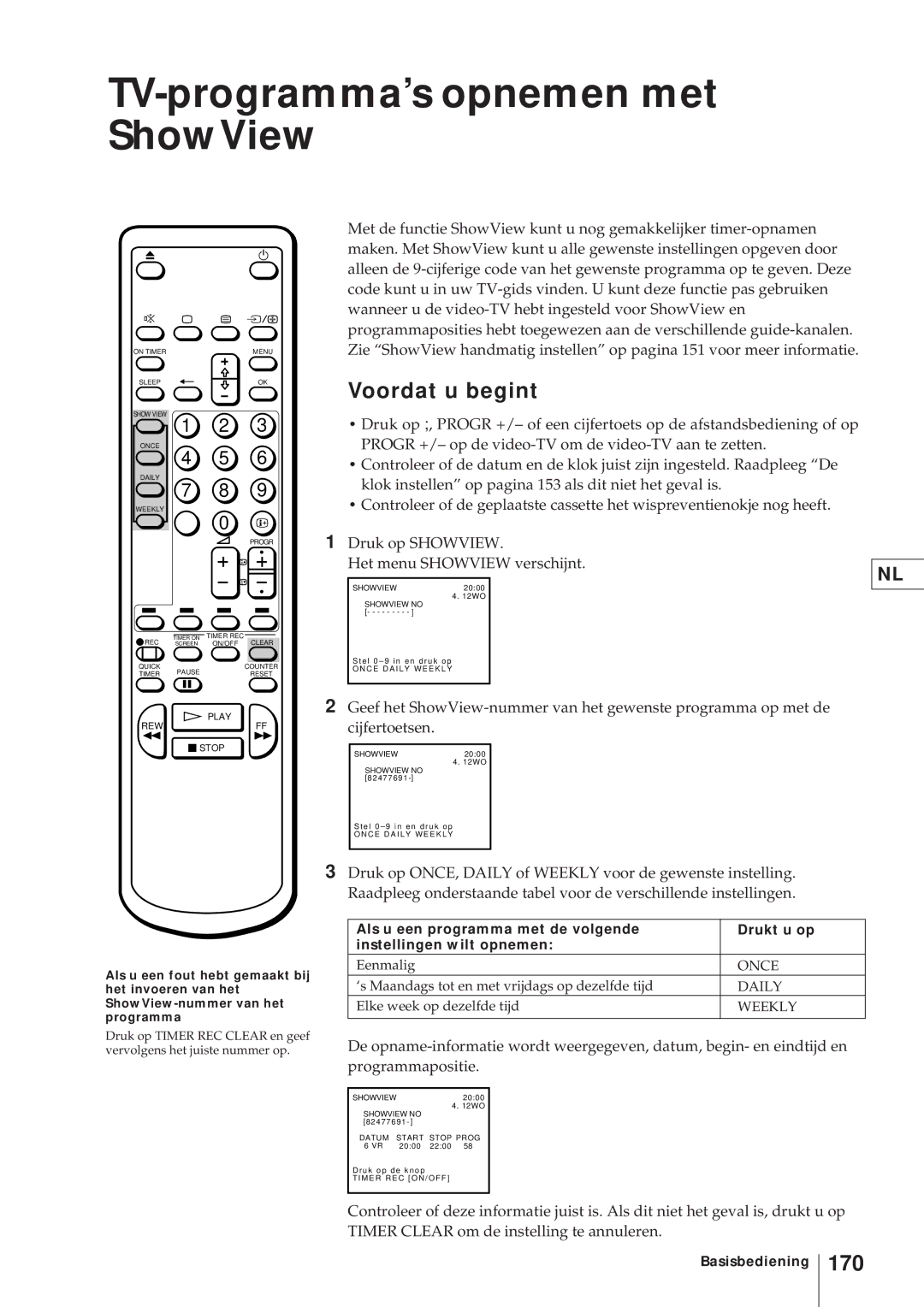 Sony KV-V2110D, KV-21V4D operating instructions TV-programma’s opnemen met ShowView, 170 