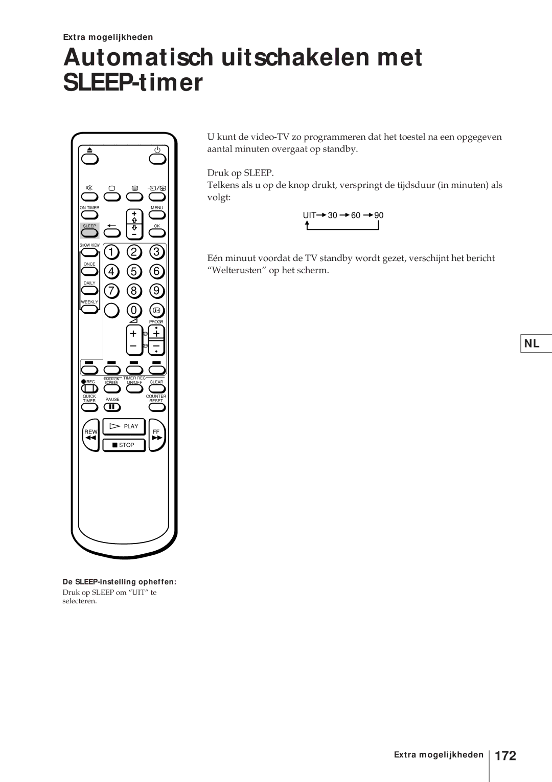 Sony KV-V2110D, KV-21V4D operating instructions Automatisch uitschakelen met SLEEP-timer, 172, De SLEEP-instelling opheffen 