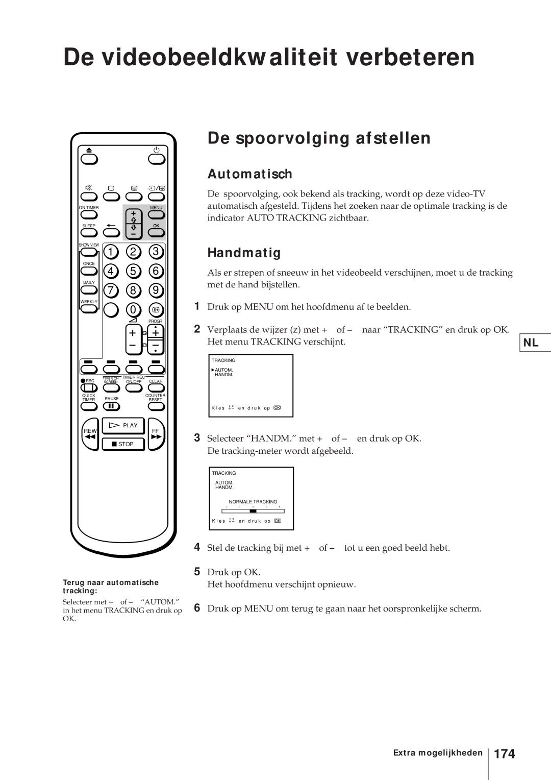 Sony KV-V2110D, KV-21V4D Selecteer HANDM. met + of De tracking-meter wordt afgebeeld, Terug naar automatische tracking 