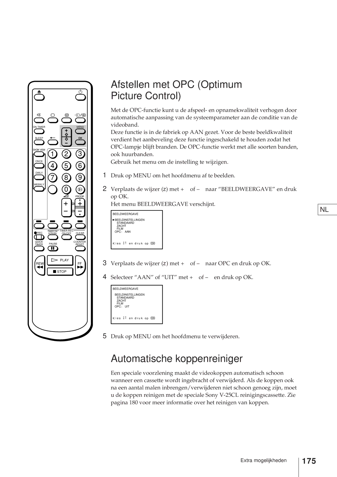 Sony KV-21V4D, KV-V2110D operating instructions Afstellen met OPC Optimum Picture Control, Automatische koppenreiniger, 175 