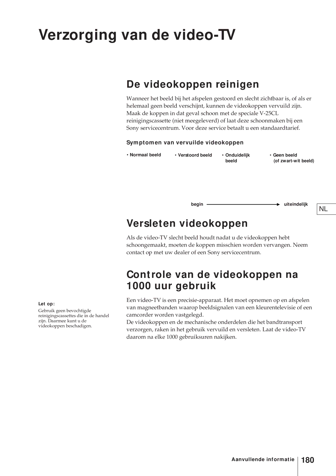 Sony KV-V2110D, KV-21V4D Verzorging van de video-TV, De videokoppen reinigen, Versleten videokoppen, 180 