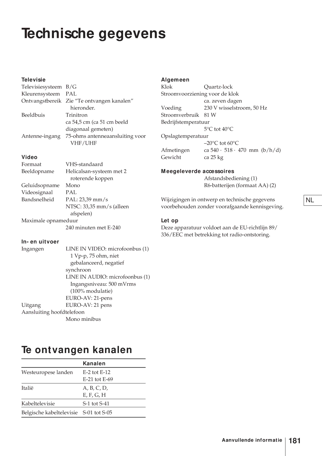 Sony KV-21V4D, KV-V2110D operating instructions Technische gegevens, Te ontvangen kanalen, 181 