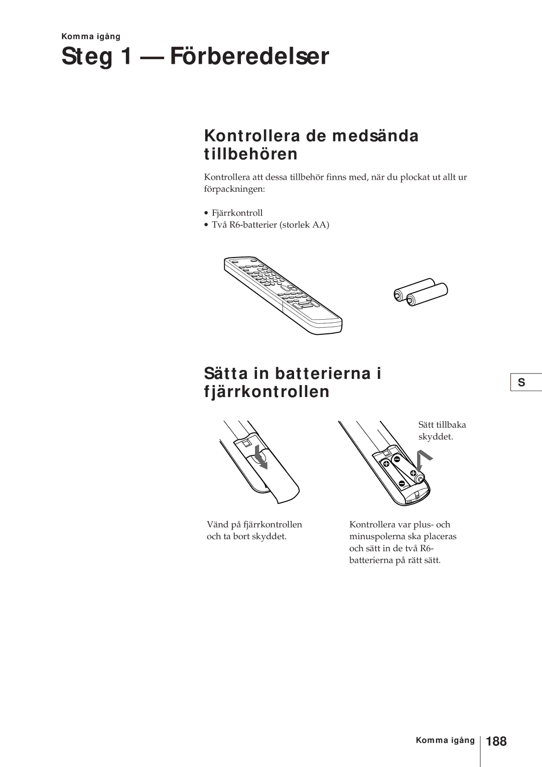 Sony KV-V2110D Steg 1 Förberedelser, Kontrollera de medsända tillbehören, Sätta in batterierna i fjärrkontrollen, 188 