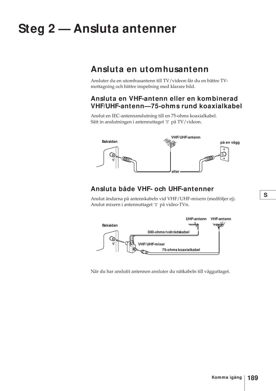 Sony KV-21V4D, KV-V2110D Steg 2 Ansluta antenner, Ansluta en utomhusantenn, Ansluta både VHF- och UHF-antenner, 189 