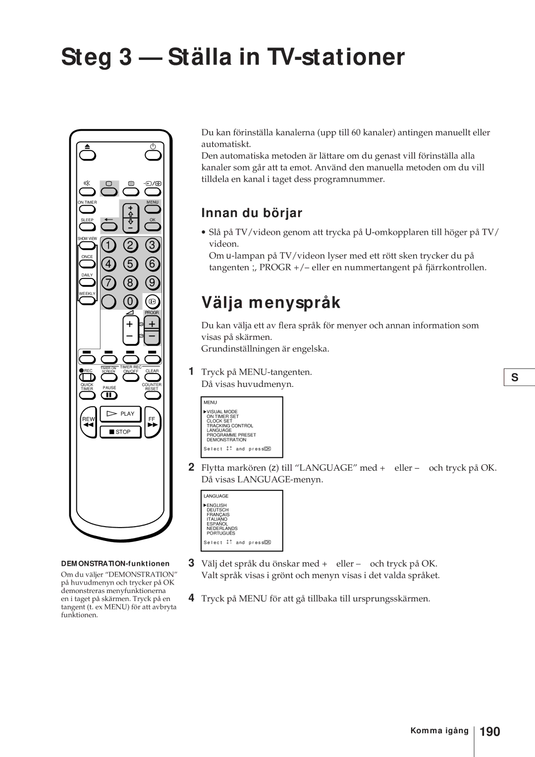 Sony KV-V2110D, KV-21V4D Steg 3 Ställa in TV-stationer, Välja menyspråk, Innan du börjar, 190, DEMONSTRATION-funktionen 