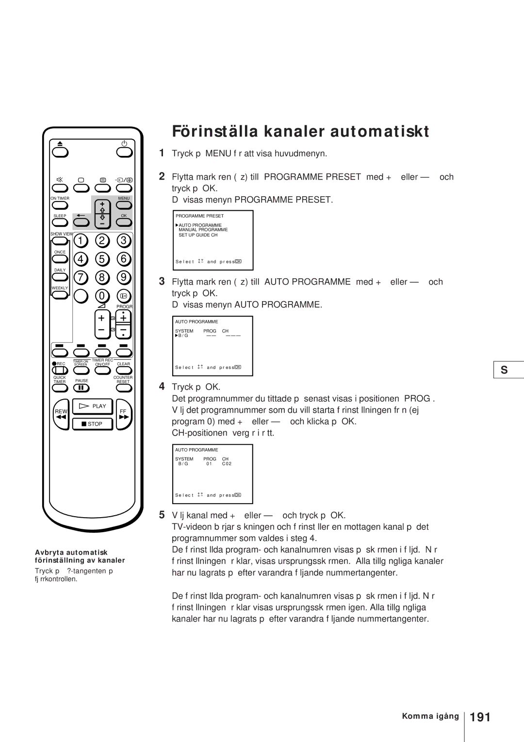 Sony KV-21V4D, KV-V2110D Förinställa kanaler automatiskt, 191, Avbryta automatisk förinställning av kanaler 