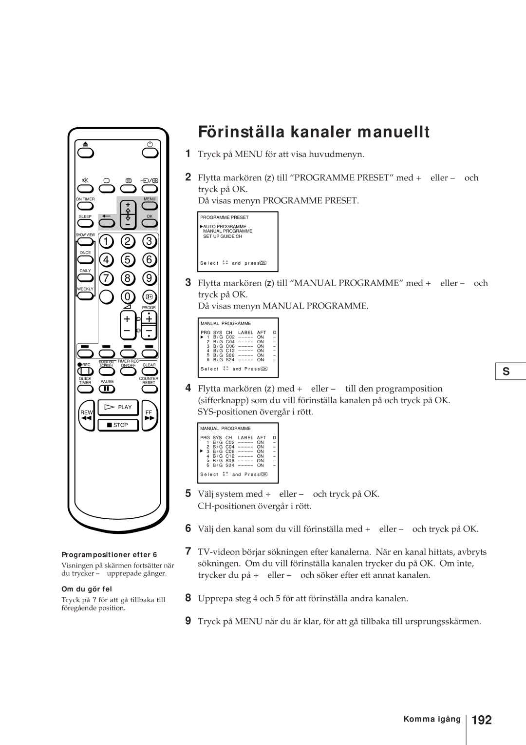 Sony KV-V2110D, KV-21V4D operating instructions Programpositioner efter, Om du gör fel 