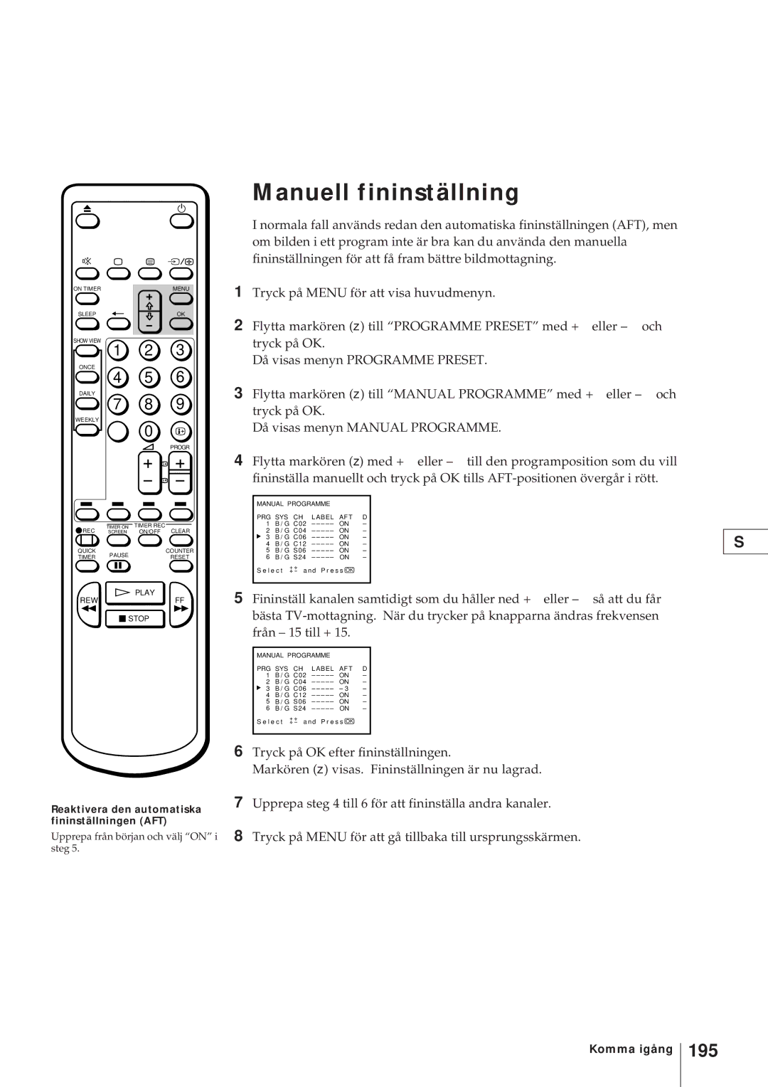 Sony KV-21V4D, KV-V2110D operating instructions 195, Reaktivera den automatiska fininställningen AFT 