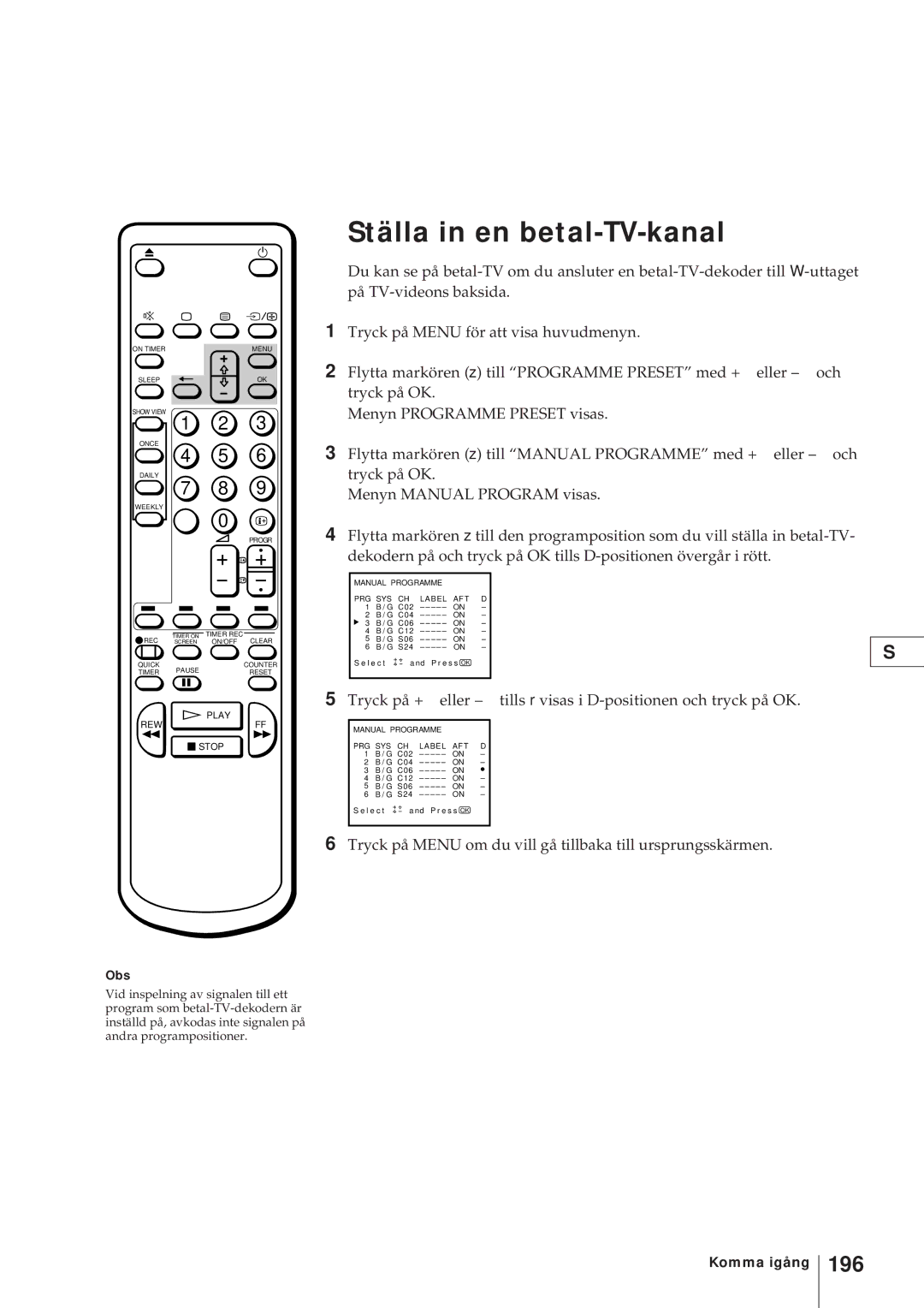 Sony KV-V2110D, KV-21V4D operating instructions Ställa in en betal-TV-kanal, 196, Obs 