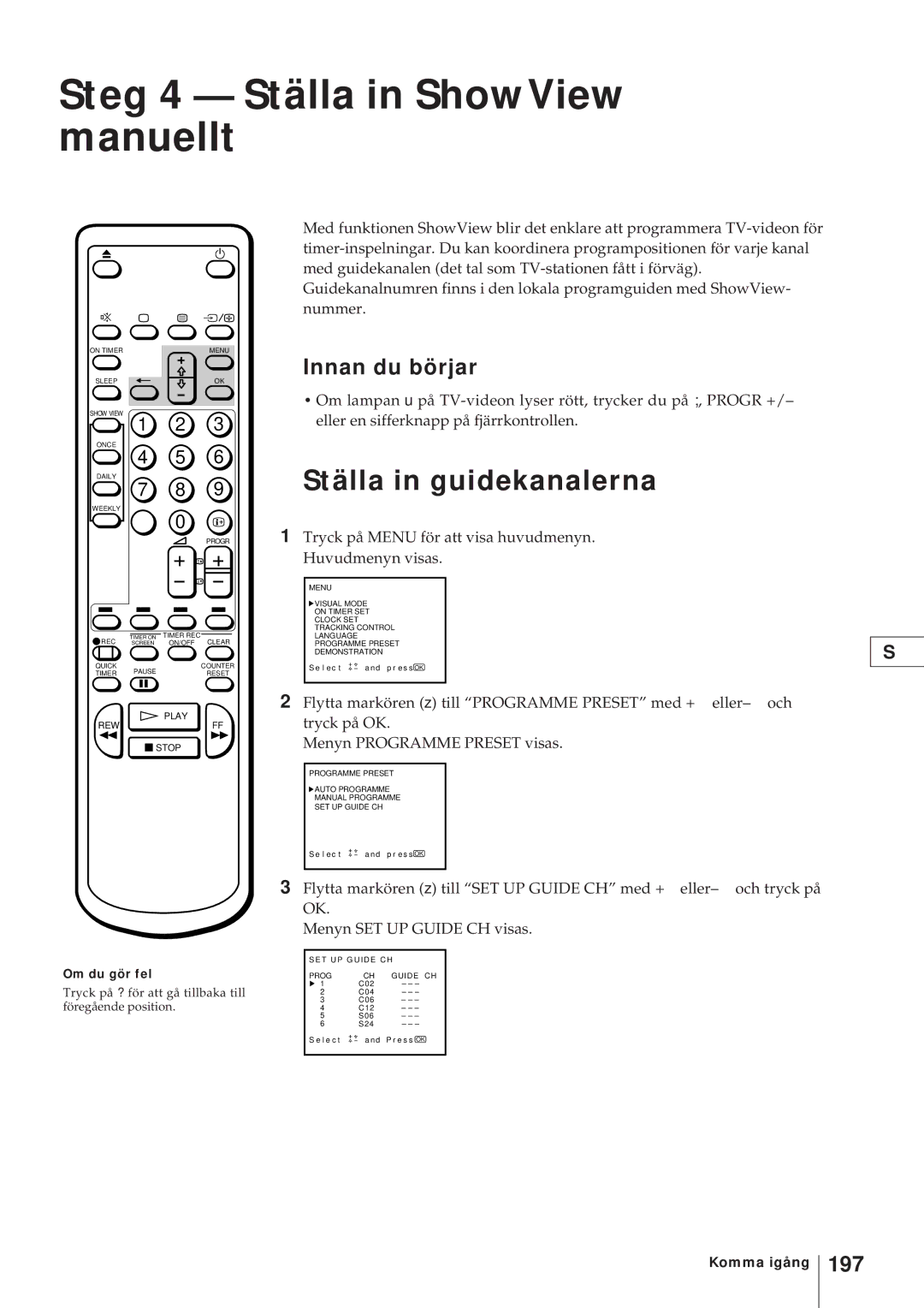 Sony KV-21V4D, KV-V2110D operating instructions Steg 4 Ställa in ShowView manuellt, Ställa in guidekanalerna, 197 