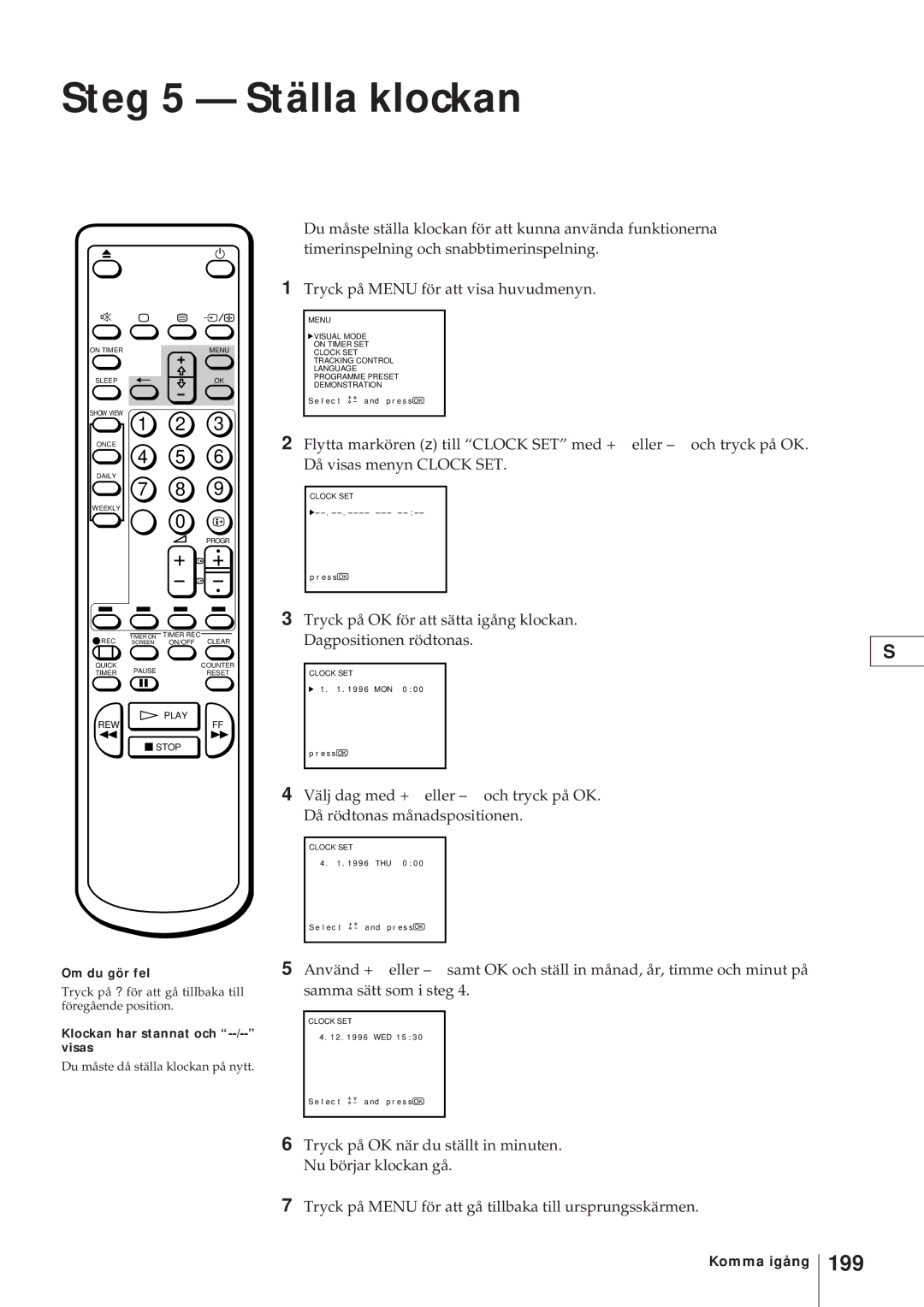 Sony KV-21V4D, KV-V2110D operating instructions Steg 5 Ställa klockan, 199, Klockan har stannat och --/-- visas 