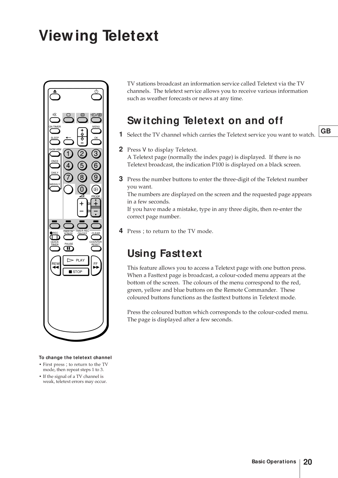 Sony KV-V2110D, KV-21V4D operating instructions Viewing Teletext, Using Fasttext, To change the teletext channel 