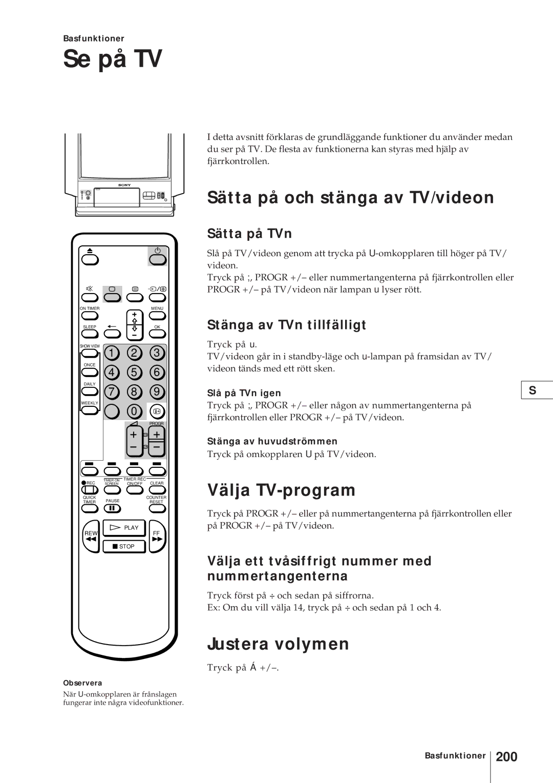 Sony KV-V2110D, KV-21V4D Se på TV, Sätta på och stänga av TV/videon, Välja TV-program, Justera volymen 