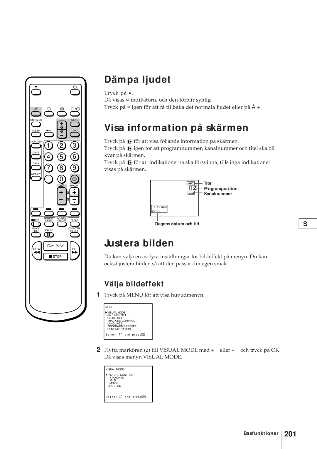 Sony KV-21V4D, KV-V2110D Dämpa ljudet, Visa information på skärmen, Justera bilden, Välja bildeffekt, 201 