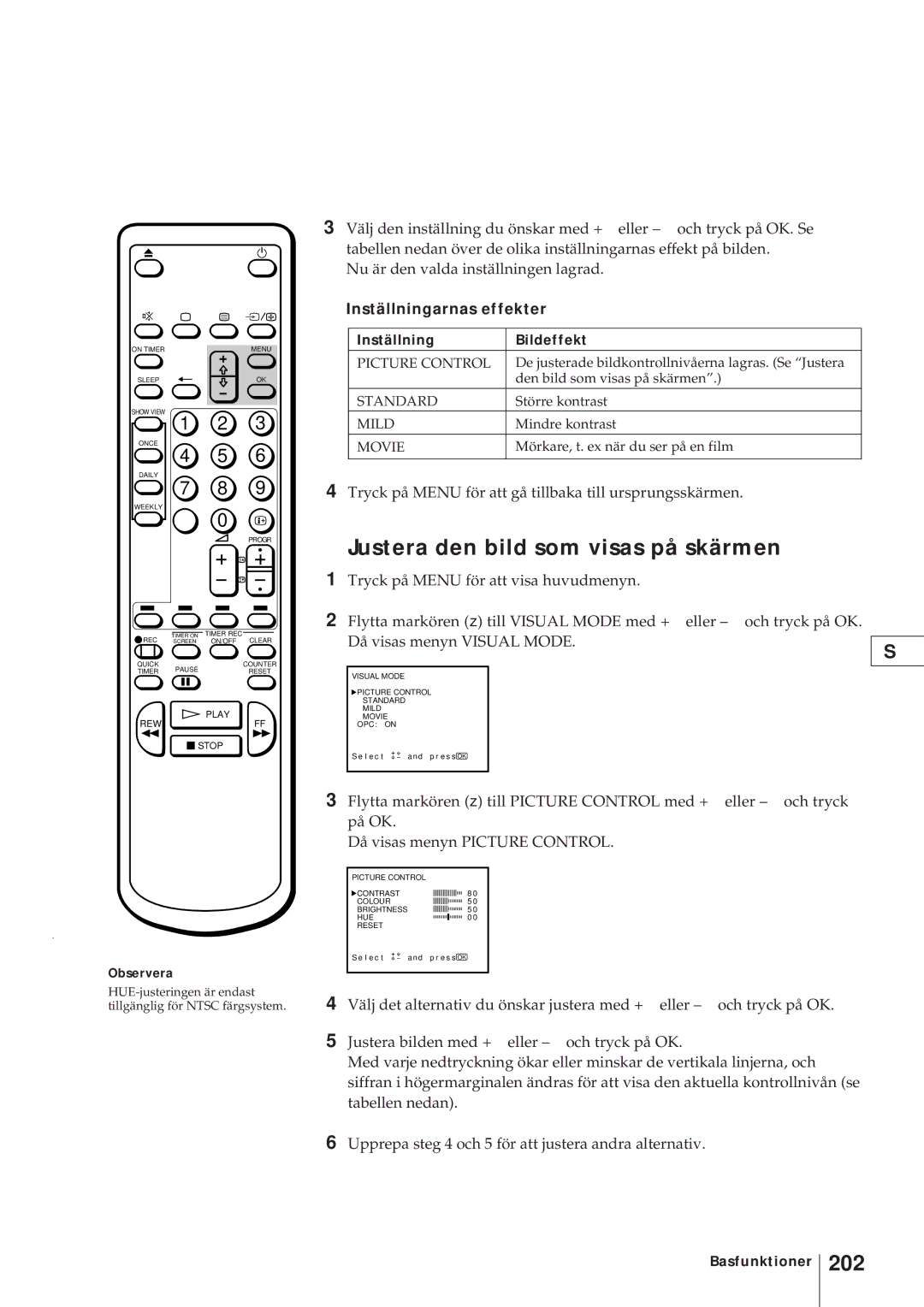 Sony KV-V2110D, KV-21V4D operating instructions Justera den bild som visas på skärmen, 202, Inställningarnas effekter 