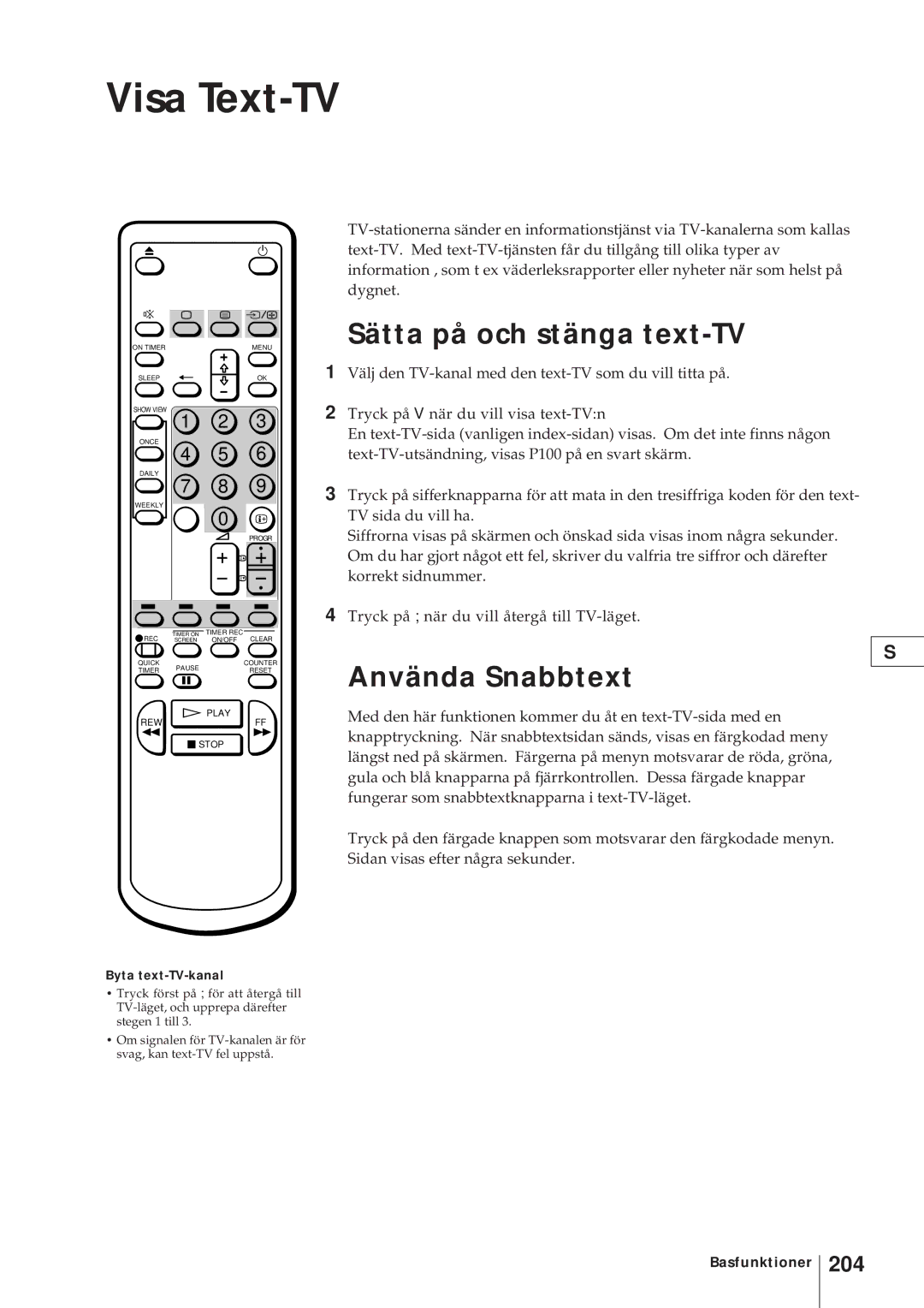 Sony KV-V2110D, KV-21V4D operating instructions Visa Text-TV, Använda Snabbtext, 204, Byta text-TV-kanal 