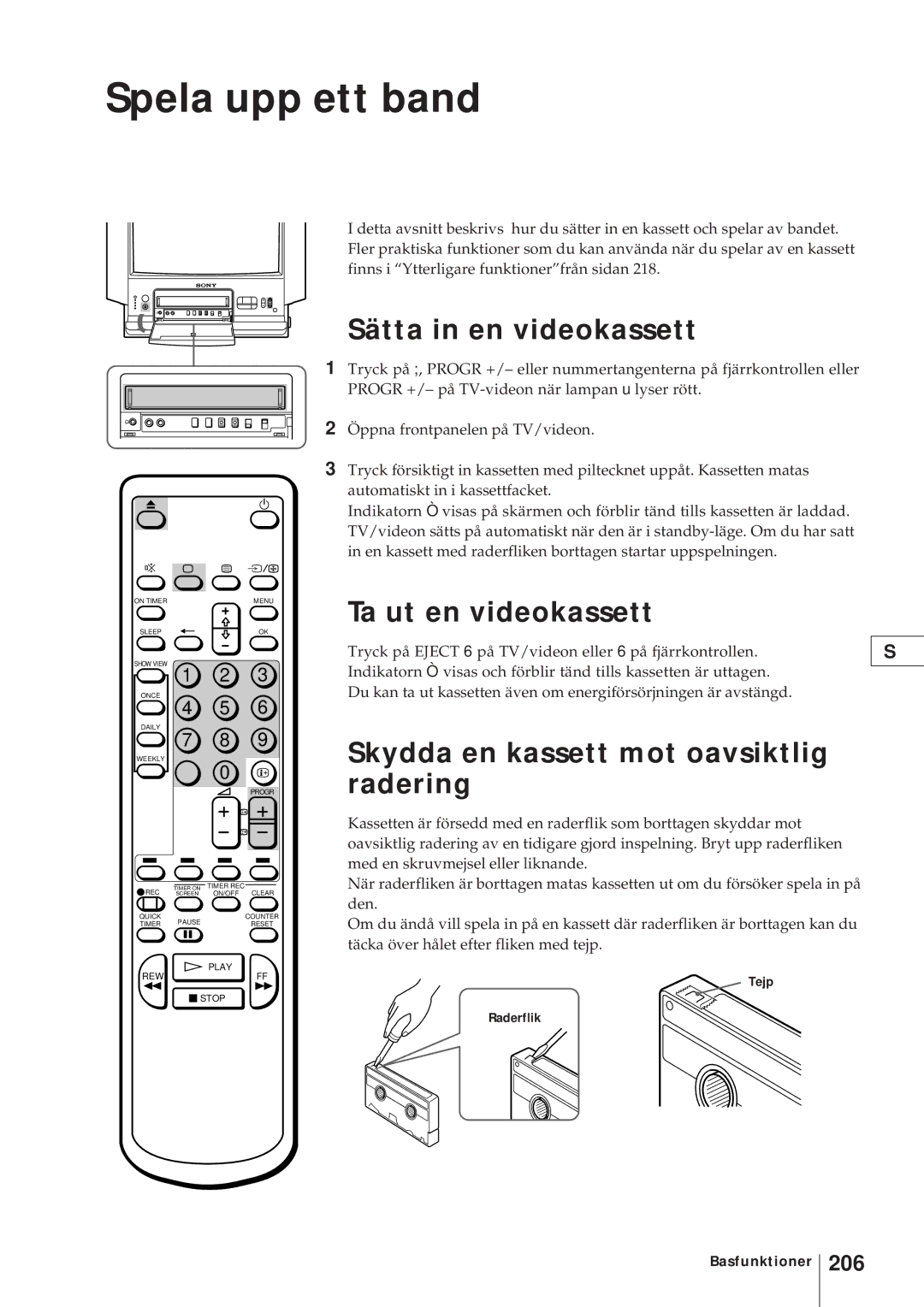 Sony KV-V2110D, KV-21V4D operating instructions Spela upp ett band, Sätta in en videokassett, Ta ut en videokassett, 206 