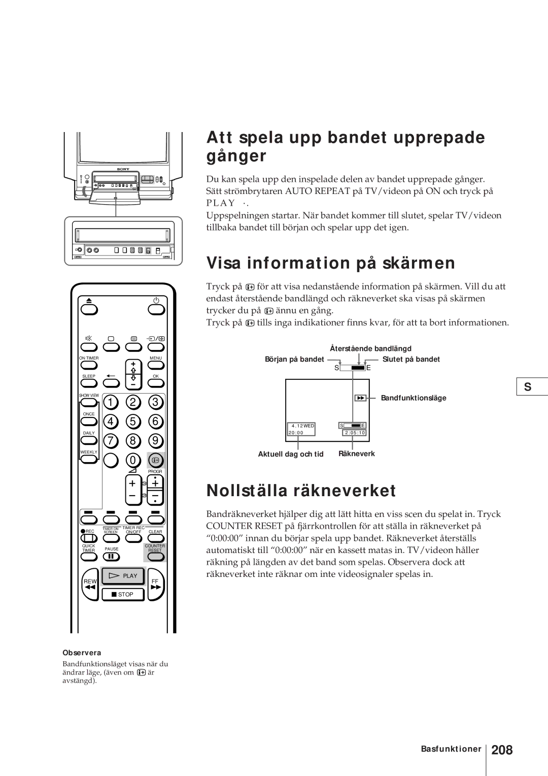 Sony KV-V2110D, KV-21V4D operating instructions Att spela upp bandet upprepade gånger, Nollställa räkneverket, 208 