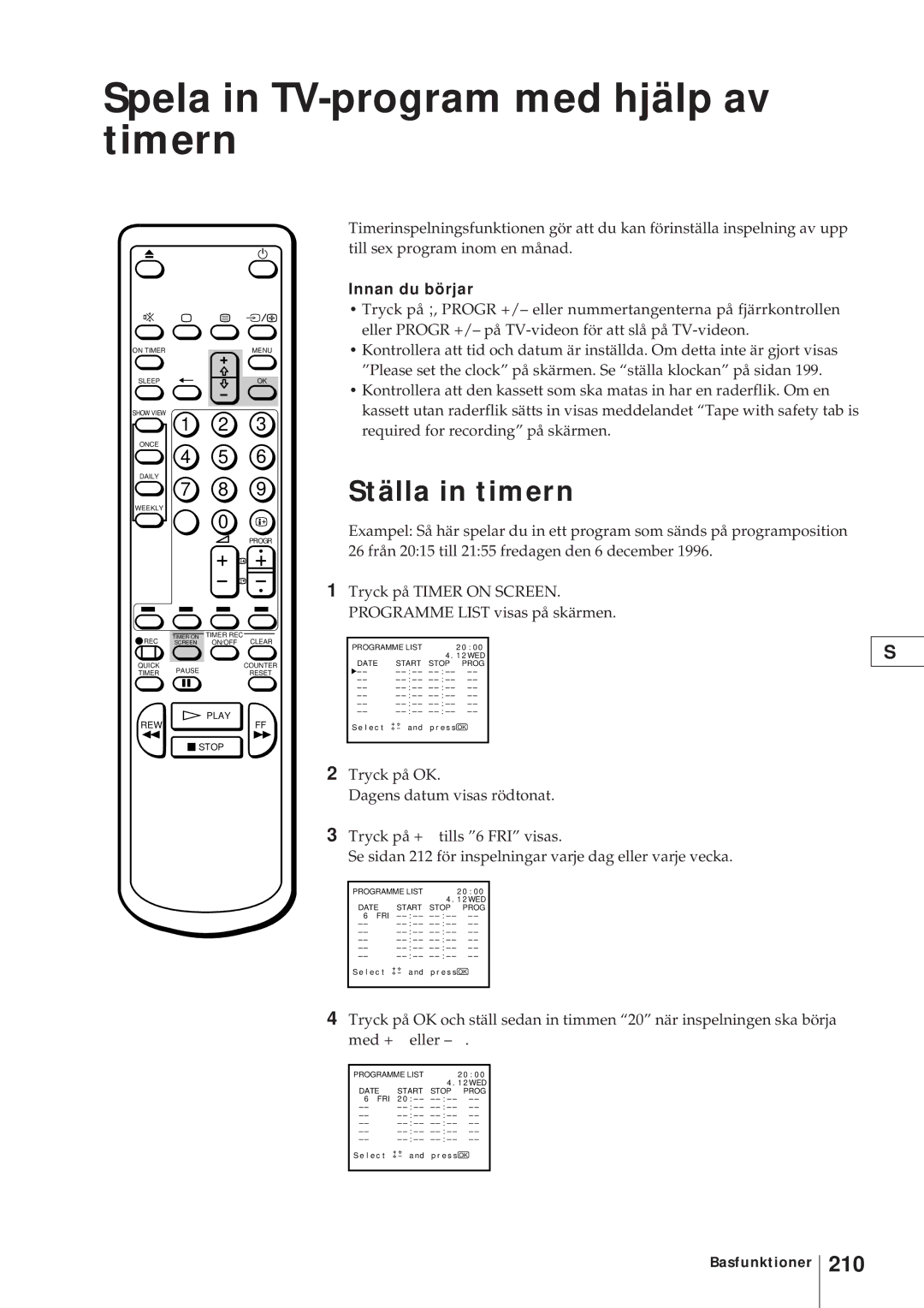 Sony KV-V2110D, KV-21V4D Spela in TV-program med hjälp av timern, Ställa in timern, 210, Innan du börjar 