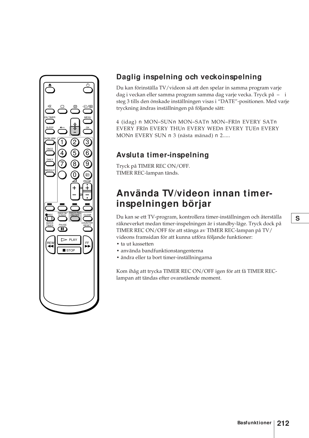 Sony KV-V2110D, KV-21V4D Använda TV/videon innan timer- inspelningen börjar, Daglig inspelning och veckoinspelning, 212 